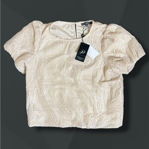 Adrianna Papell Cream Textured Short Sleeve Crop Top